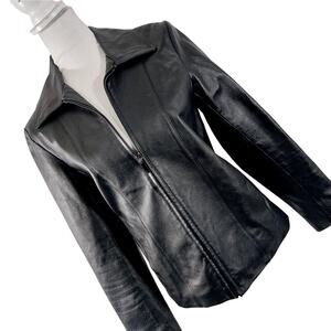 NEW YORK & CO.! BLACK GENUINE LEATHER STREAMLINED & SLEEK JACKET, COAT! SZ S